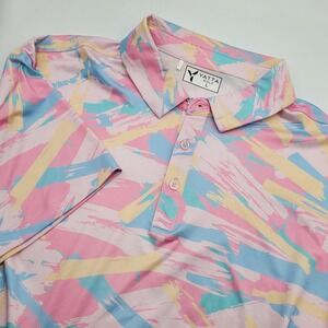 Yatta Golf Mens Performance Polo Shirt Large Pink Blue Yellow Abstract Print L